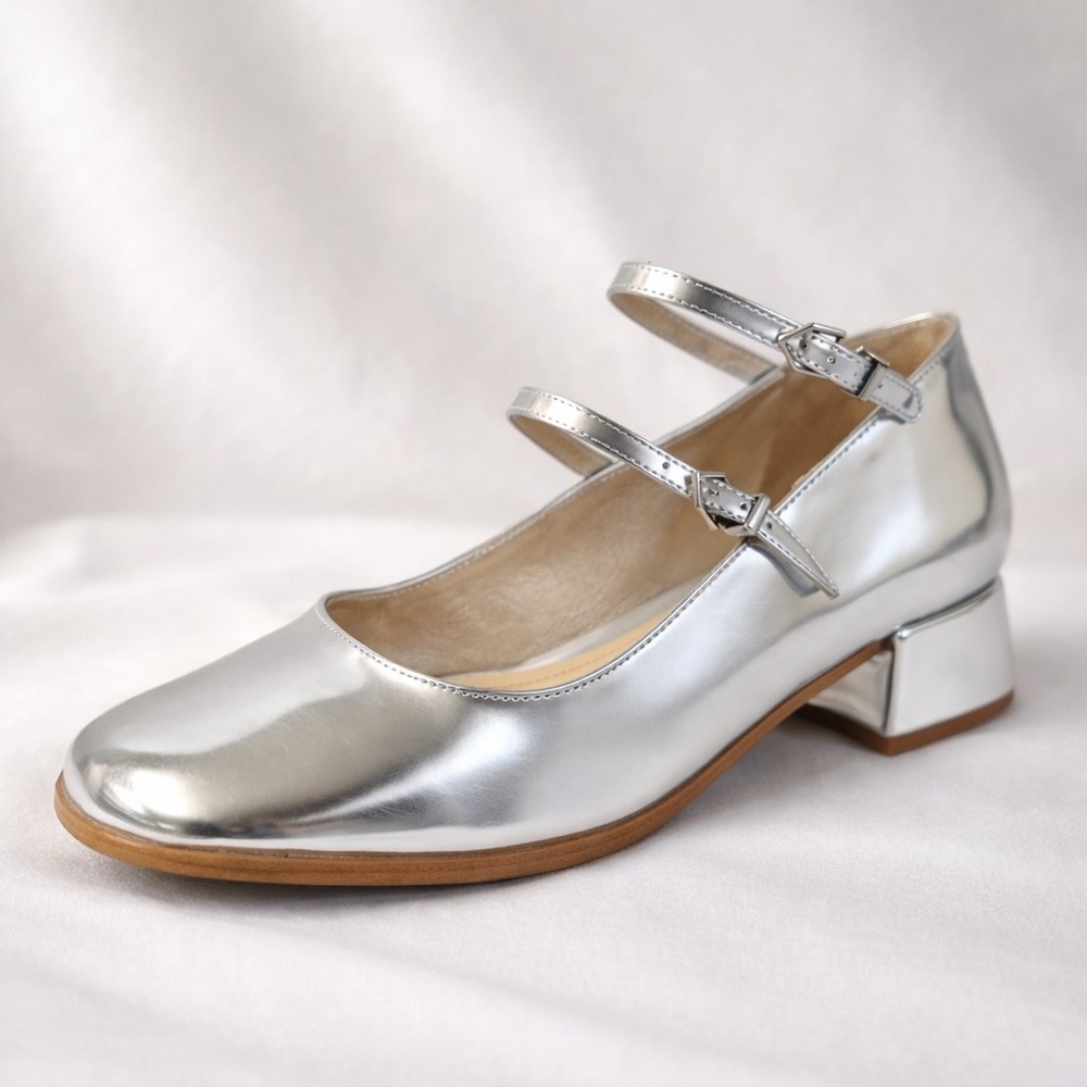 SCHUTZ Dorothy Silver Metallic Leather Mary Jane Block Heel Shoes Size 9B